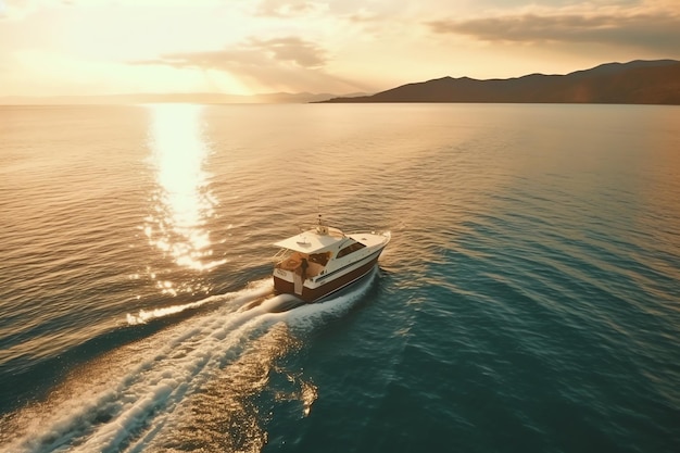 Vista aérea de un yate navegando en el mar al atardecer.