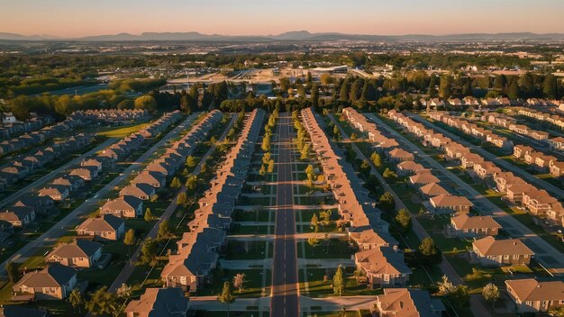 Foto vista aérea de la zona residencial del hermoso suburbio de la vivienda doméstica y la carretera desde una altura de
