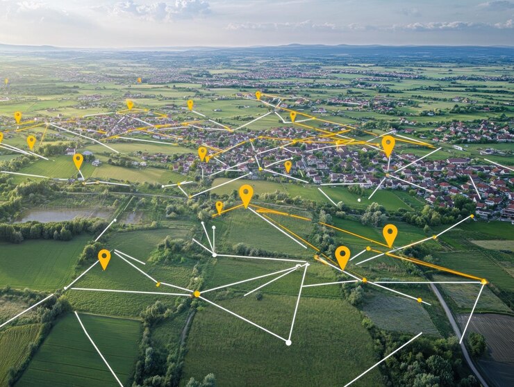 Vista aérea de una zona rural con conexiones a la red