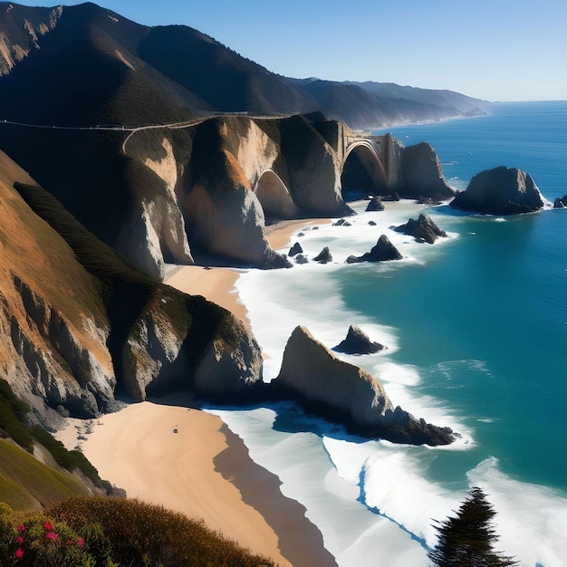 Vista agradável da praia da ilustração da natureza da montanha Big Sur