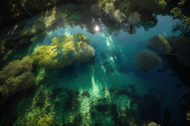 Una vista del agua desde arriba con el sol brillando sobre el agua