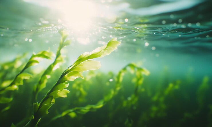 Vista bajo el agua Un solo filo de algas verdes vibrantes con la luz solar filtrando a través del agua