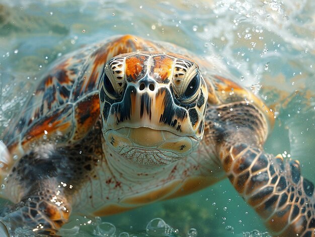 Foto vista bajo el agua de una tortuga nadadora