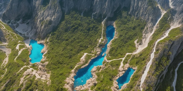 Foto una vista de las aguas azules de las montañas.