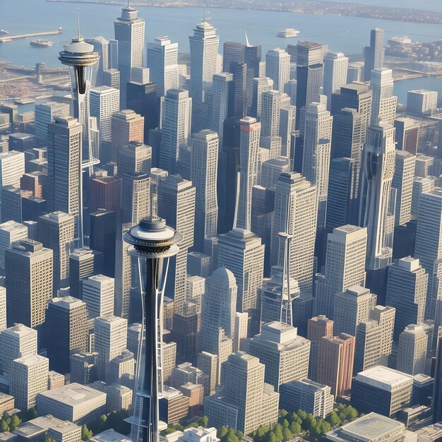 Vista de la aguja espacial isométrica de la ciudad de seattle, estados unidos