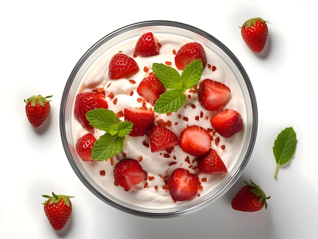 Vista aislada de yogur con hielo en un vaso con fresas Alta calidad