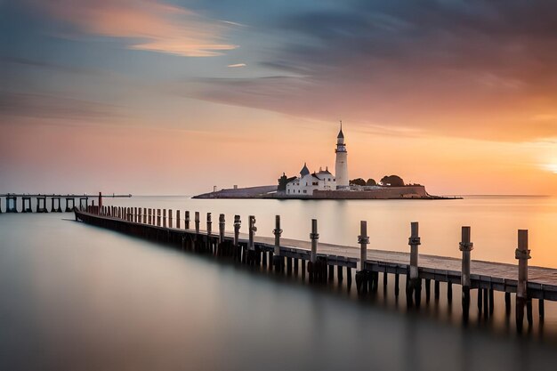 Foto una vista al atardecer de un faro y un muelle.