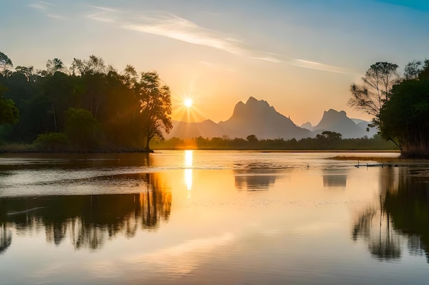 Una vista al atardecer de un lago de montaña con un reflejo del sol en el agua.