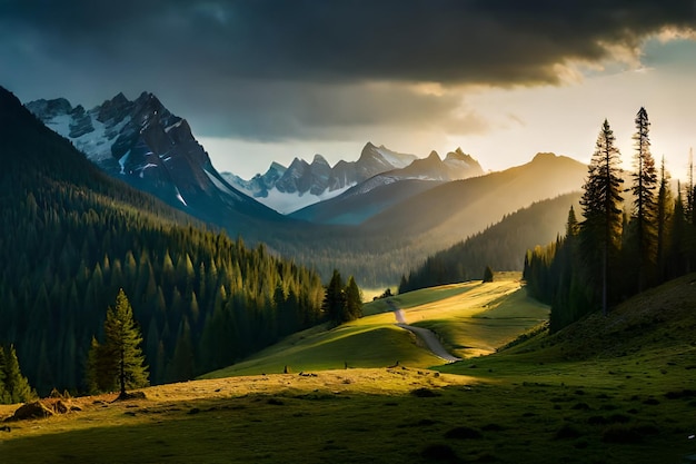 una vista al atardecer de las montañas y un camino.