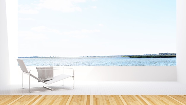 Vista al lago y diván en la terraza en el hotel - Representación 3D