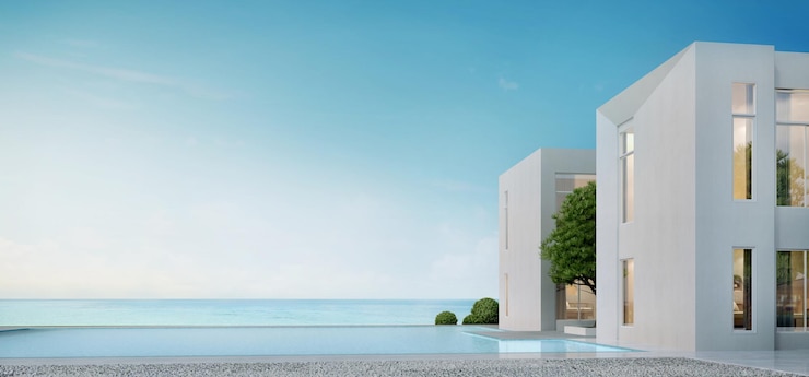 Vista al mar Arquitectura moderna con piscina y cielo azul Concepto para casa de vacaciones u hotel