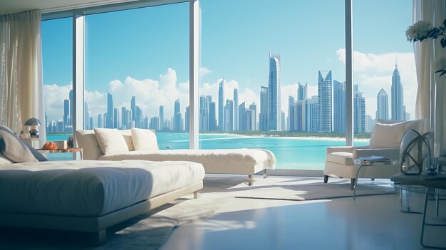 Vista al mar de Dubai dentro de la habitación gran vidrio