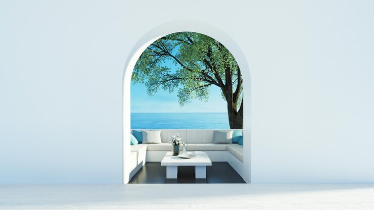 Vista al mar, playa, vida de lujo, estilo de isla de Santorini, representación 3D