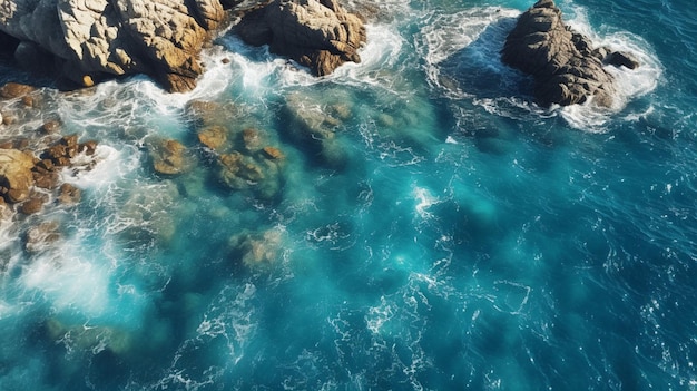 Una vista al mar con rocas en el agua.