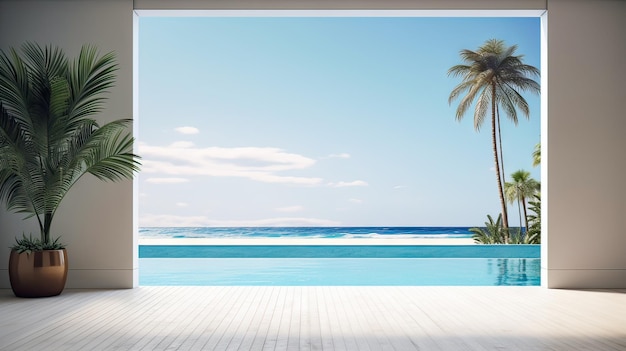Vista al mar vacía gran sala de estar de lujo casa de playa de verano con piscina cerca de terraza de madera Gran fondo de pared blanca en casa de vacaciones o villa de vacaciones Interior del hotel