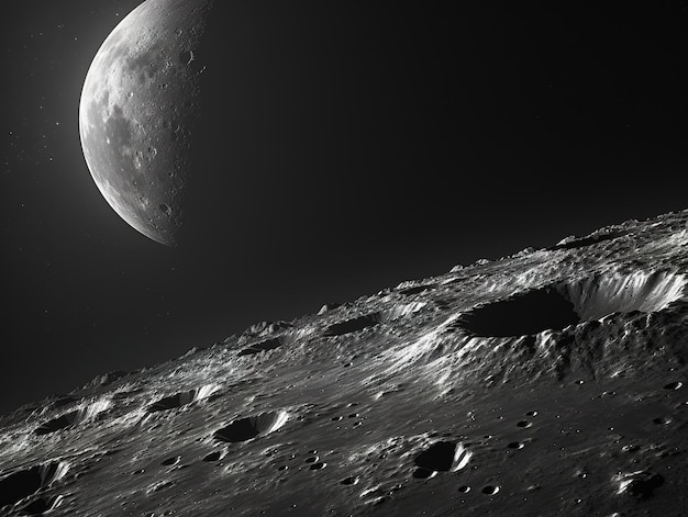 Vista al planeta luna en el espacio enorme concepto de astronomía de cráteres de asteroides