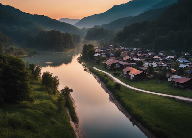 Foto vista al río con puesta de sol profundo bosque y montaña