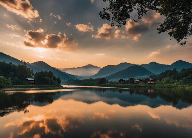 Vista al río con puesta de sol profundo bosque y montaña