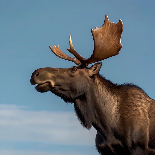 Foto una vista de un alce canadiense desde el lado inferior derecho al mirar hacia el cielo generado por la ia