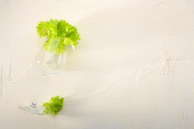 Una vista alternativa de la comida Lechuga natural dentro de una copa de vino sobre un fondo blanco texturizado Collage conceptual y colorido creativo