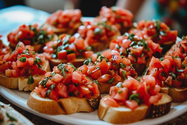 Vista de alto ángulo de bruschetta fresca servida en un plato en la mesa