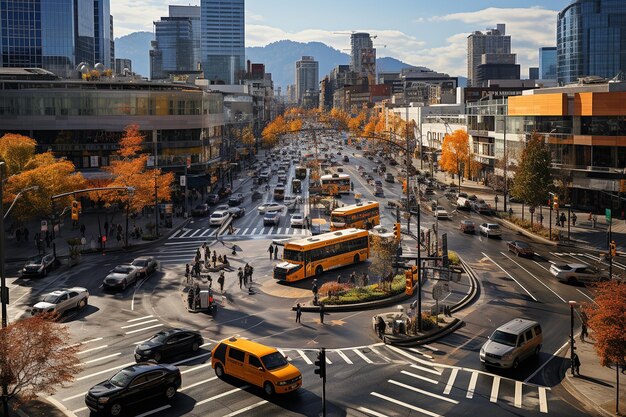 Foto vista de alto ángulo de una intersección ocupada con coches y peatones cruzando