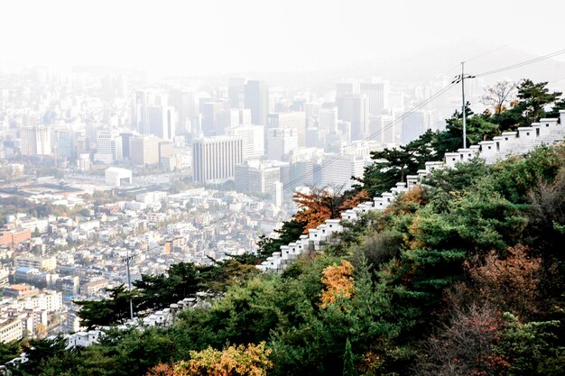 Foto vista de alto ángulo de la montaña con el paisaje urbano en el fondo