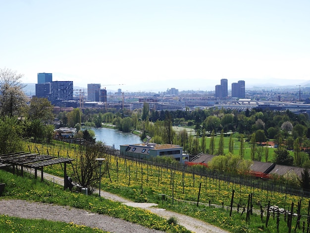 Foto vista de alto ángulo del parque y los edificios de la ciudad contra un cielo despejado