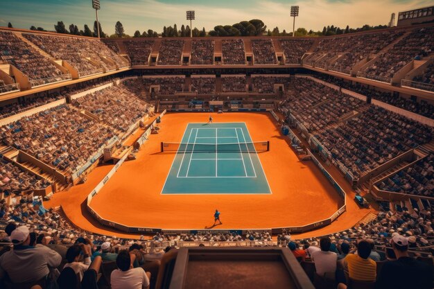 Vista de alto ángulo de un partido de tenis en pleno apogeo capturando la energía dinámica del deporte