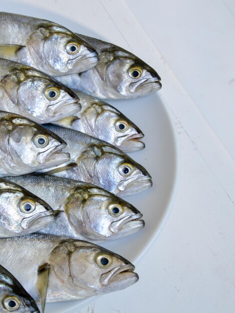 Foto vista de alto ángulo de peces en el plato para la venta