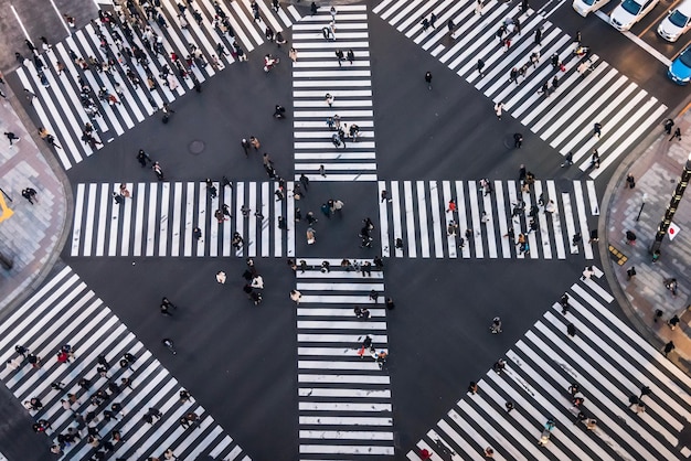 Vista de alto ángulo de personas cruzando la carretera en la ciudad