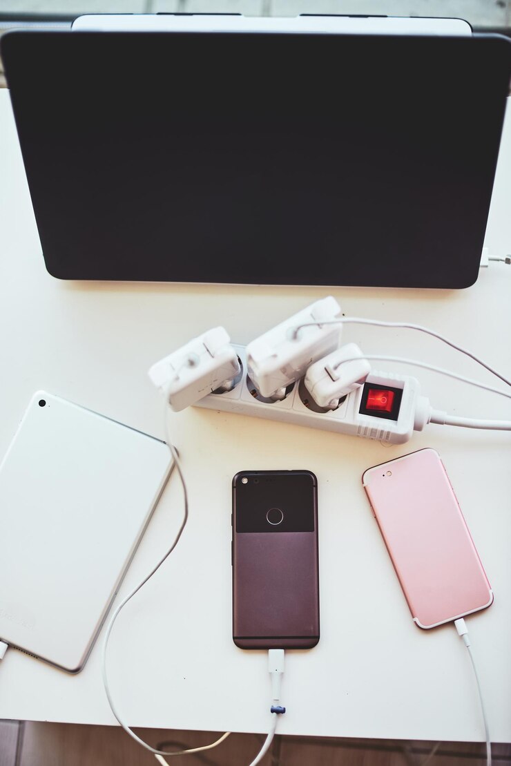 Foto vista de alto ángulo de las tecnologías en la mesa