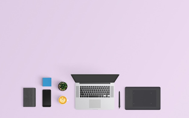Vista de alto ángulo de varias tecnologías con café sobre fondo púrpura