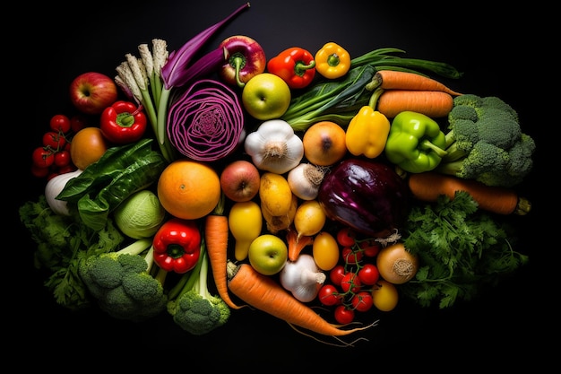 Vista de alto ángulo de varias verduras crudas sobre un fondo negro