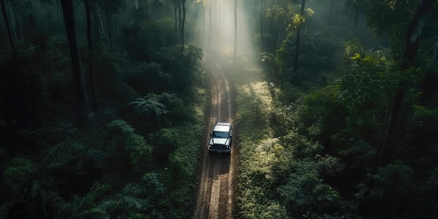 Una vista desde la altura de un automóvil en la carretera en la jungla profunda Vista aérea Toma panorámica IA generativa