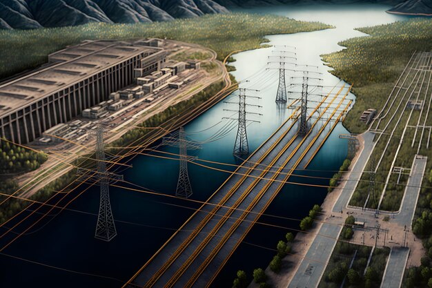 Foto vista desde la altura de la red neuronal de la central hidroeléctrica generada por ai