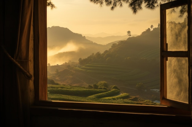 Vista del amanecer a través de la ventana abierta