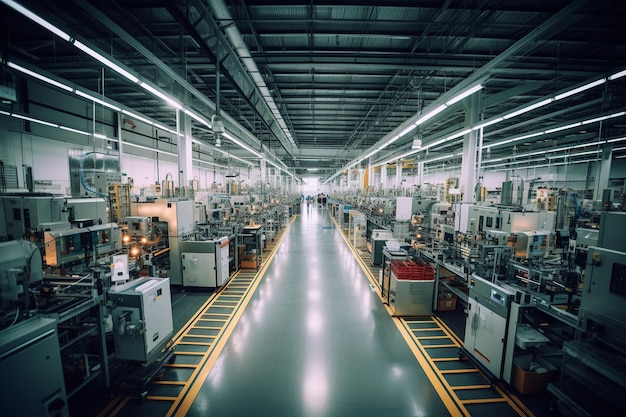 Vista ampla de um piso de fábrica inteligente exibindo alta automação e dispositivos interconectados