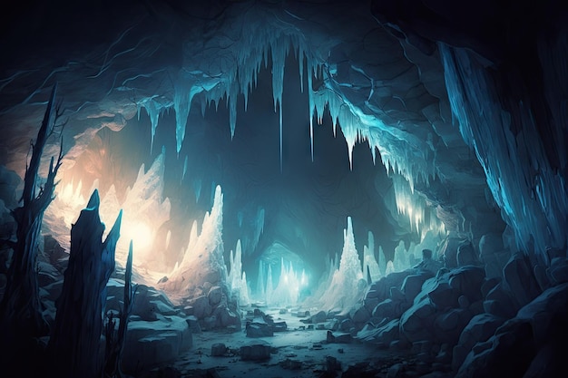 Una vista amplia de una gran caverna congelada con estalactitas y estalagmitas de hielo iluminadas por el resplandor de