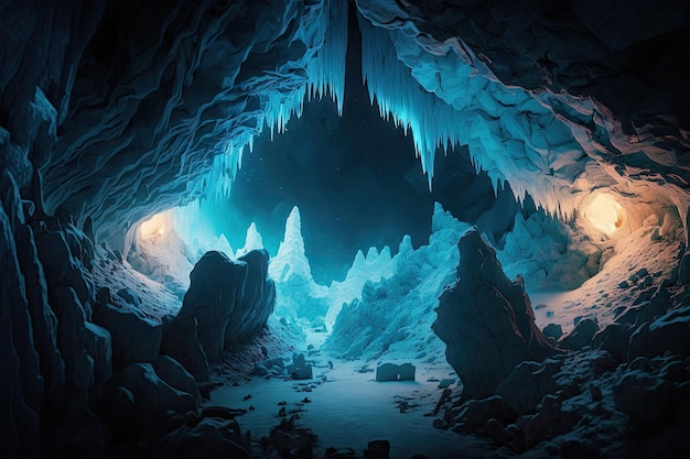 Una vista amplia de una gran caverna congelada con estalactitas y estalagmitas de hielo iluminadas por el resplandor de