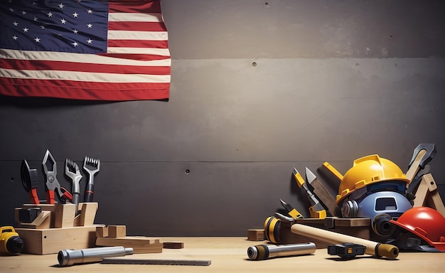 Vista amplia de una herramienta de construcción y una bandera estadounidense en un fondo de madera concepto de día del trabajo