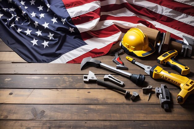 Vista amplia de una herramienta de construcción y una bandera estadounidense en un fondo de madera concepto de día del trabajo