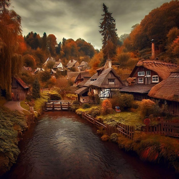 Una vista amplia de un pequeño pueblo en otoño con un estilo de pintura al óleo de un pequeño río