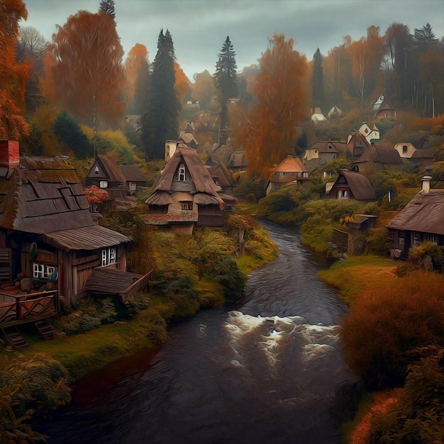 Una vista amplia de un pequeño pueblo en otoño con un estilo de pintura al óleo de un pequeño río