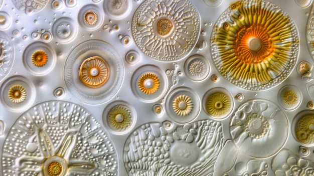 Foto una vista ampliada de una colonia de diatomeas que muestra las diversas formas y tamaños de cada diatomea