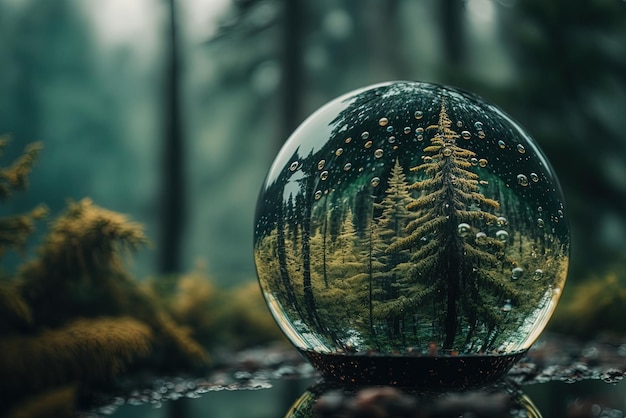 vista ampliada de las gotas de lluvia en una ventana de vidrio que refleja un bosque en la distancia