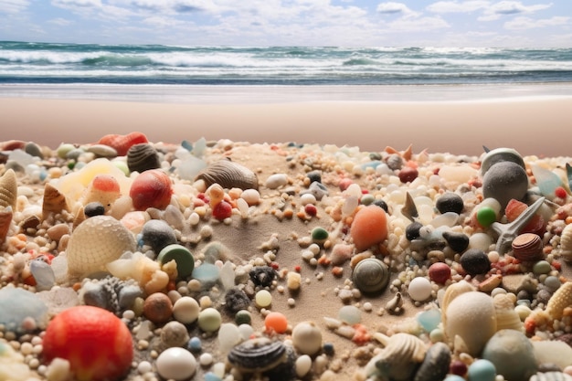 Vista ampliada de microplásticos en la arena de una playa creados con IA generativa