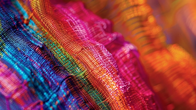 Una vista ampliada de la superficie de las telas que destaca el brillo iridescente creado por la superposición