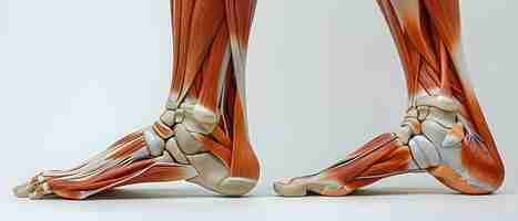 Foto vista anatômica frontal dos músculos das pernas humanas e posição dos pés conceito anatomia do corpo humano músculos das pernas posição dos pés vista frontal