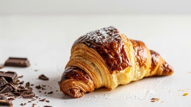 Vista angular de un croissant de chocolate sobre un fondo blanco